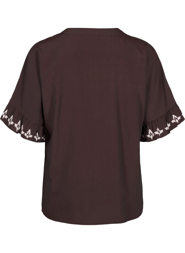 Bloes met korte mouwen, print en ruches, Bruin, Packshot image number 1
