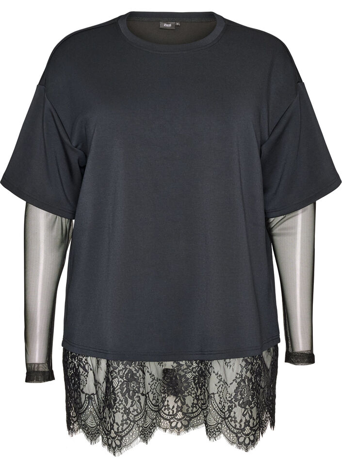 Blouse met mouwen van mesh en kanten bies, Zwart, Packshot image number 0