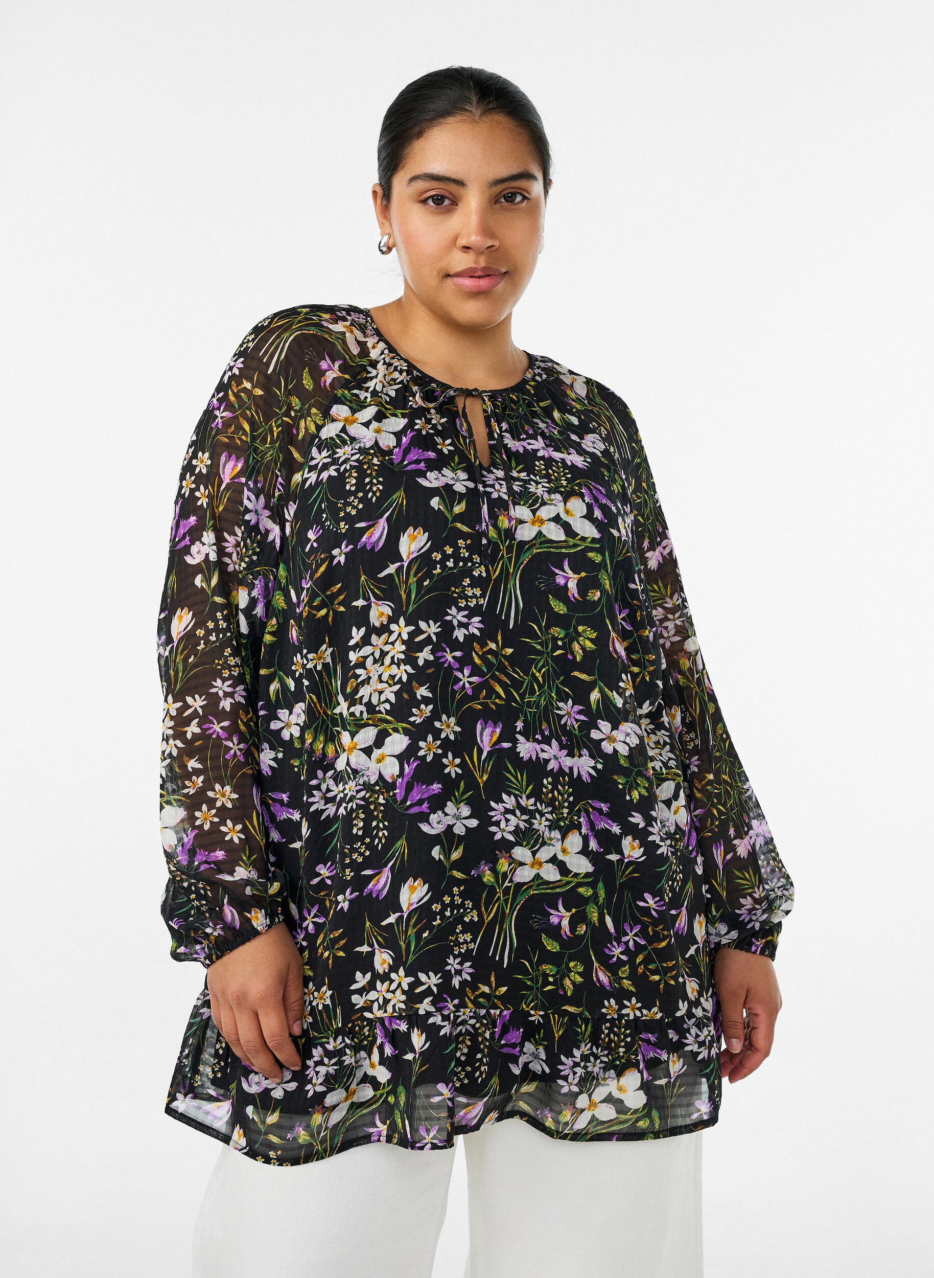 A-lijn tuniek met bloemenprint, Zwart, Model