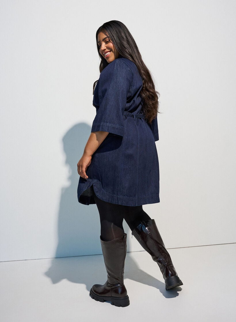 Denimjurk met riem en 3/4-mouwen, Blauw, Model image number 2