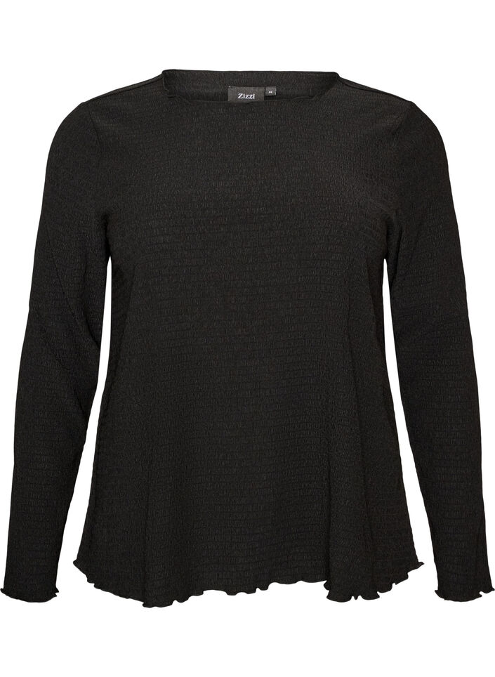 Blouse met structuur en golvende randen, Zwart, Packshot image number 0