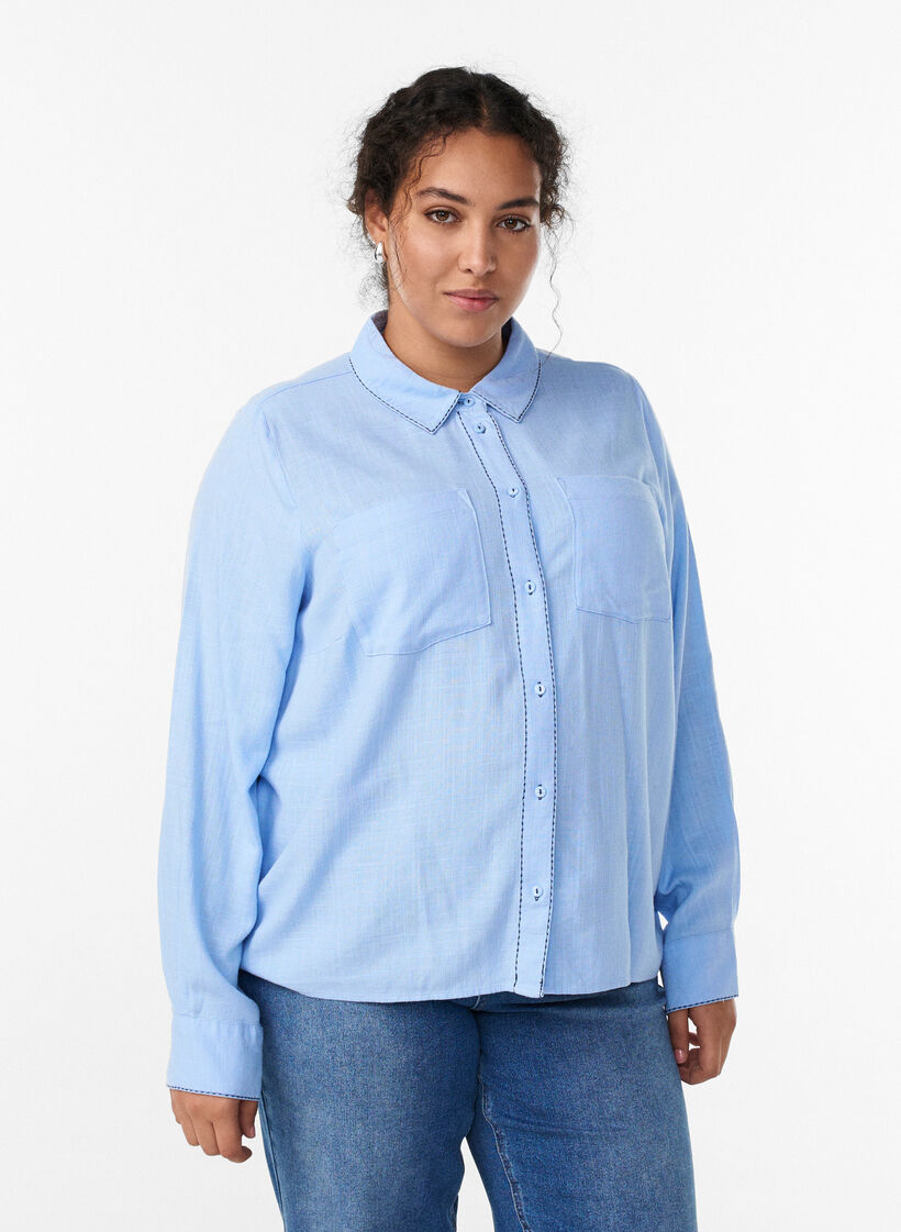 Blouse met contraststiksel en borstzakken, Blauw, Model image number 0