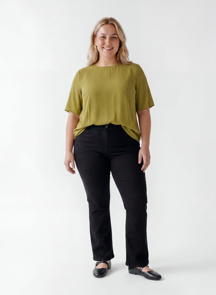 Geweven blouse met korte mouwen en ronde hals, Groen, Model image number 1