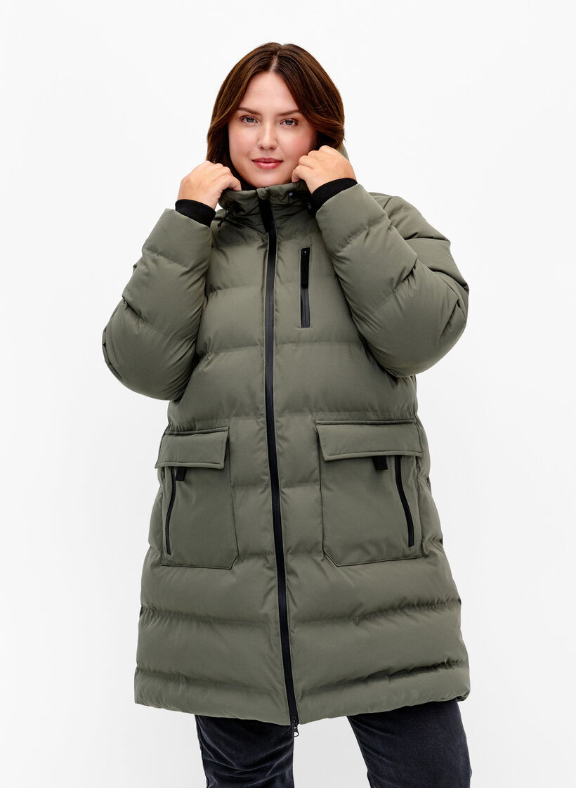 Pufferjas met capuchon en zakken, Groen, Model image number 0