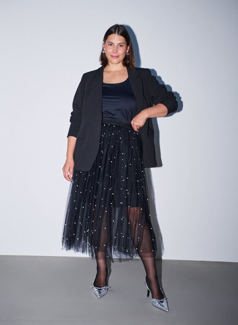Tule midirok met parels, Zwart, Model image number 0