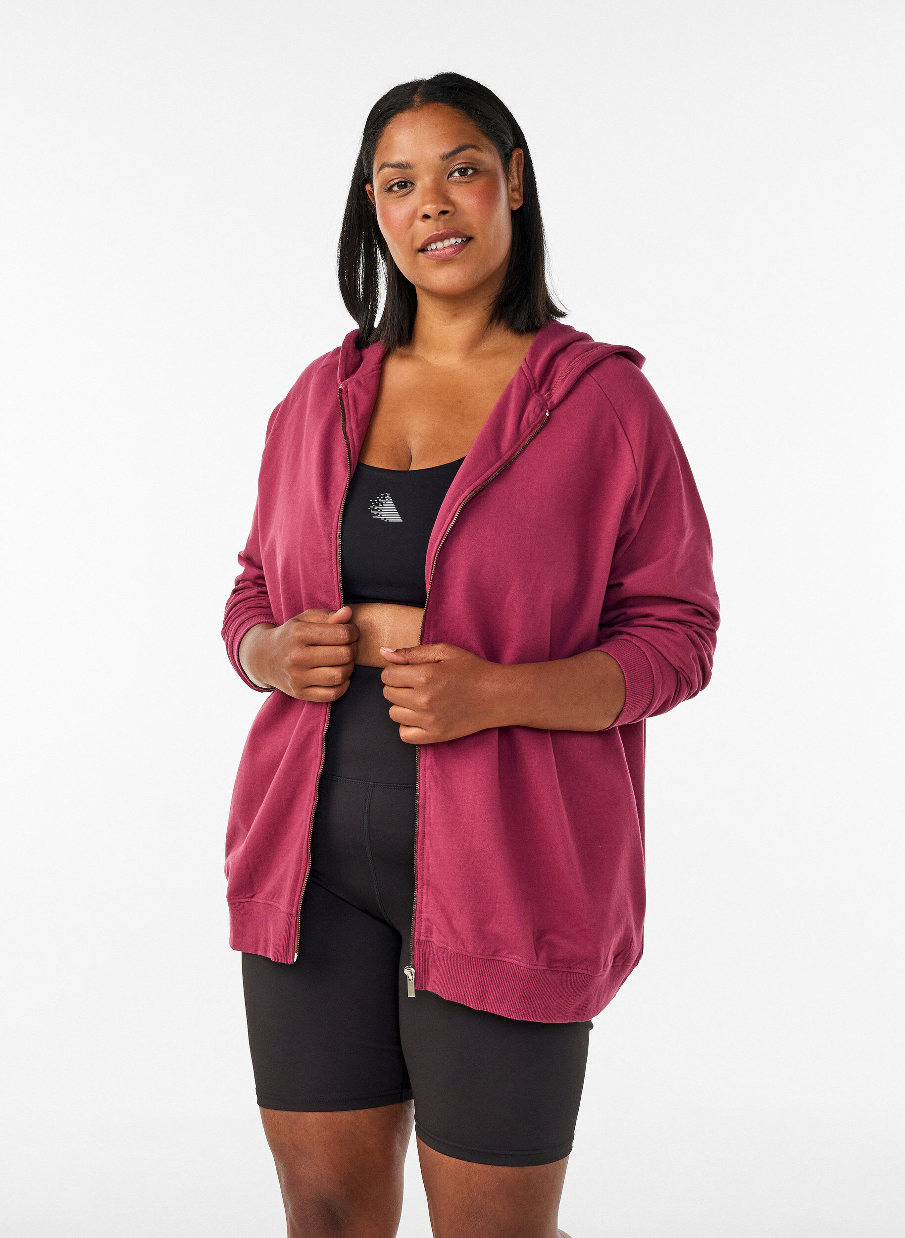 Hoodie met ritssluiting en achterkant print, Rood, Model
