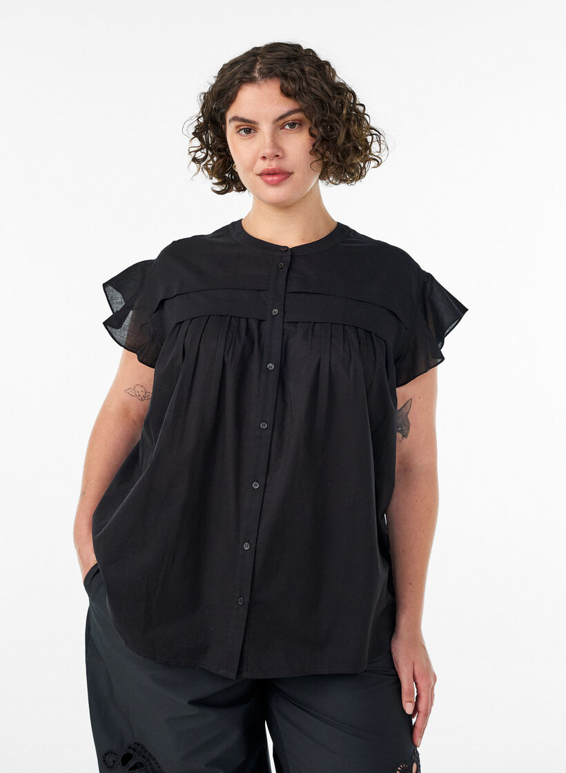 Mouwloze A-lijn katoenen blouseshirt, Zwart, Model image number 0