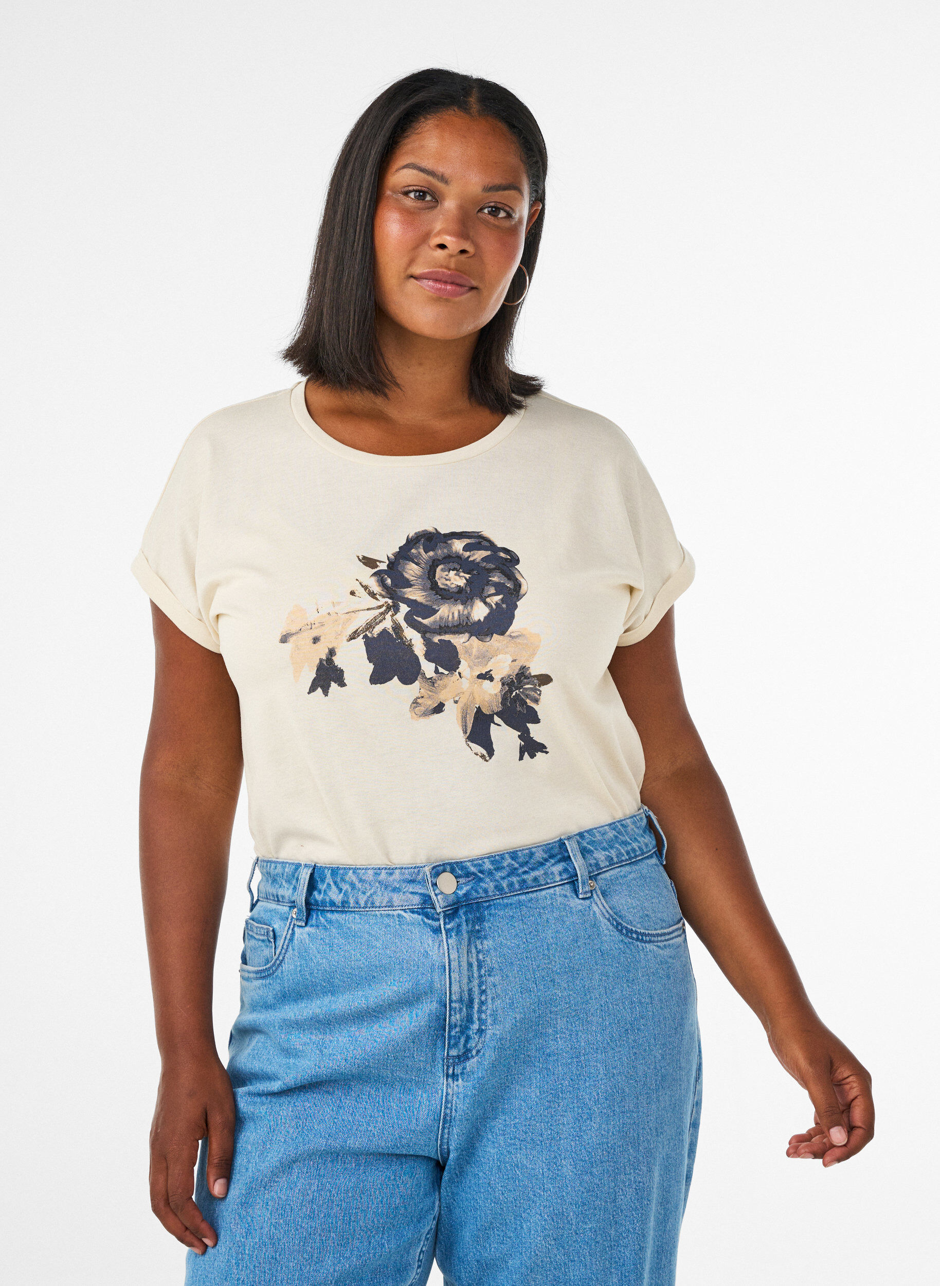 ZizziT-shirt met decoratieve print aan de voorkant, Vanille, Model image number 0