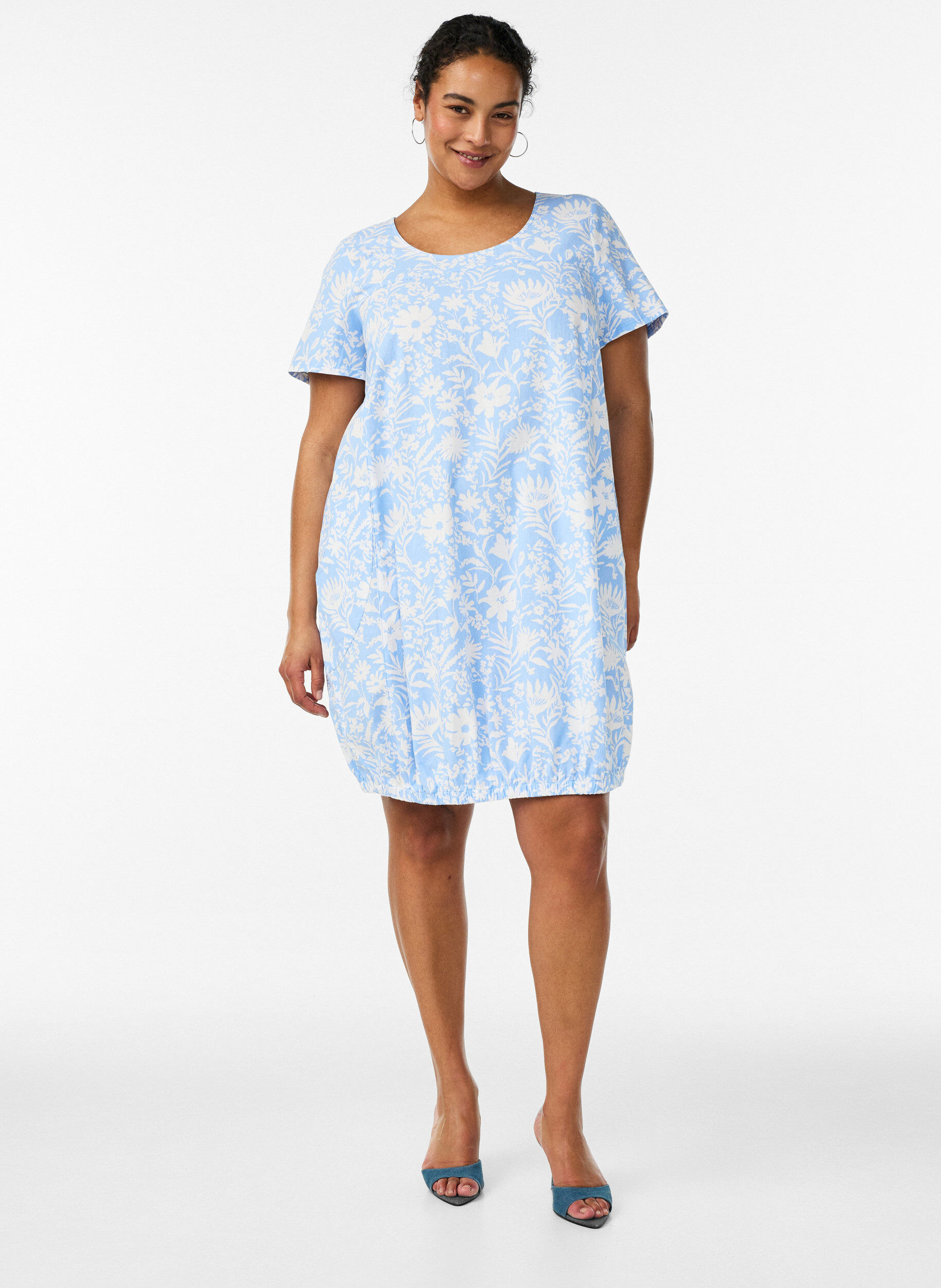 ZizziKatoenen jurk met korte mouwen en print, Vanille, Model image number 1