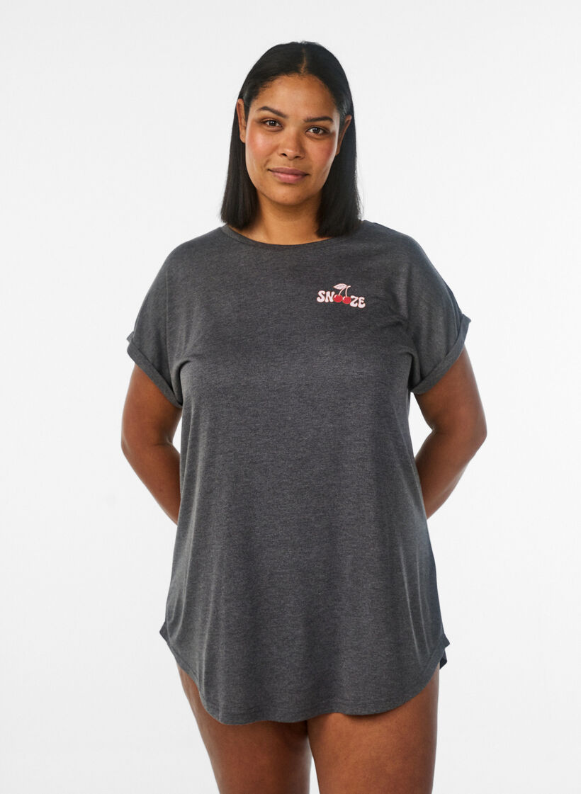 Nachtjapon met korte mouwen en tekstopdruk, Zwart, Model image number 0