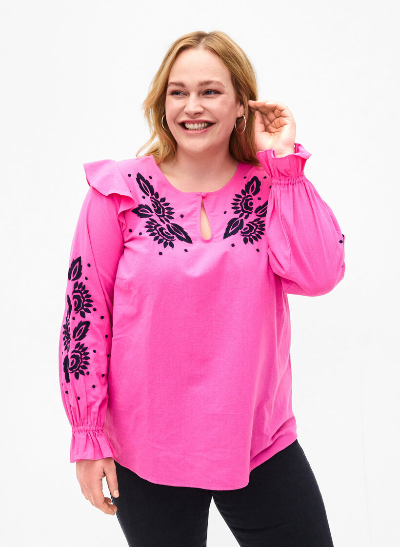 Katoenen blouse met borduursel en ruches, Roze, Model image number 0