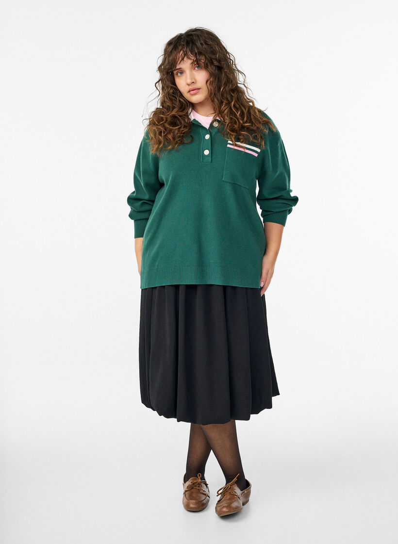 Gebreide blouse met polokraag en contrasterende strepen, Groen, Model image number 1