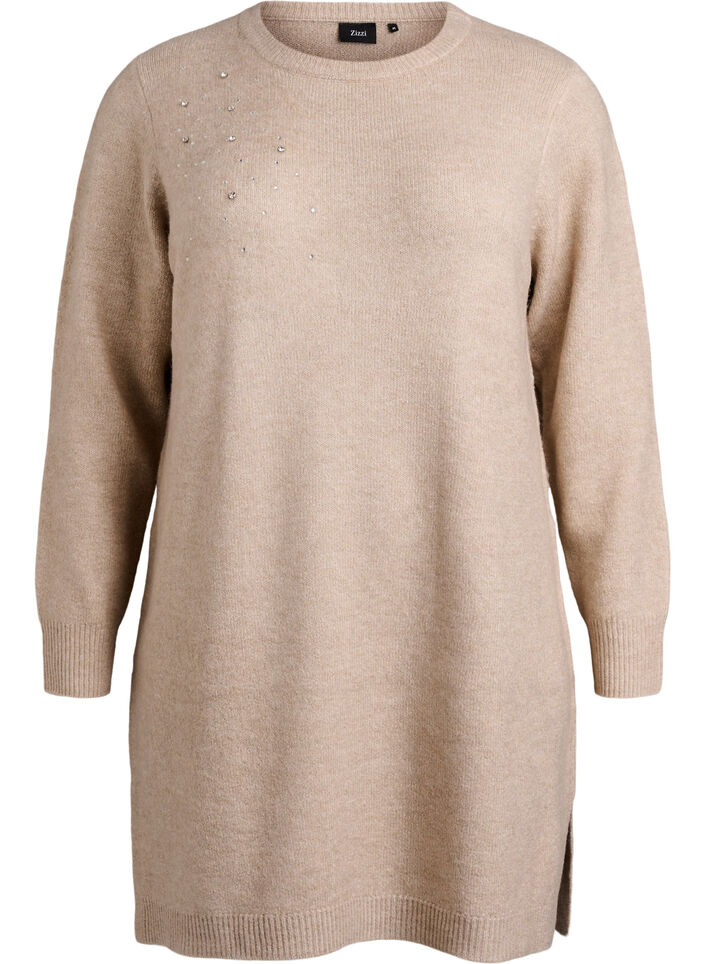 Korte gebreide jurk met strass-steentjes, Beige, Packshot image number 0