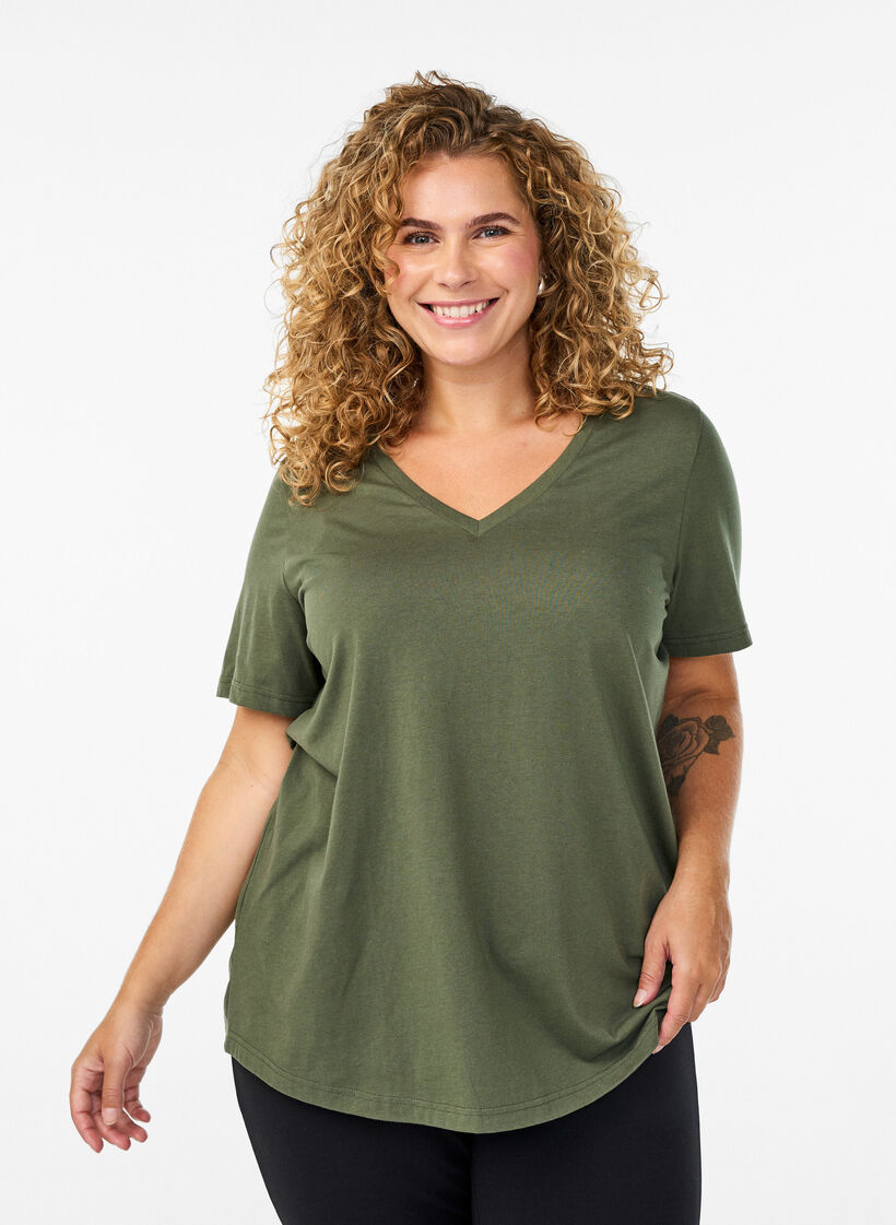 T-shirt met korte mouwen en V-hals, Groen, Model image number 0