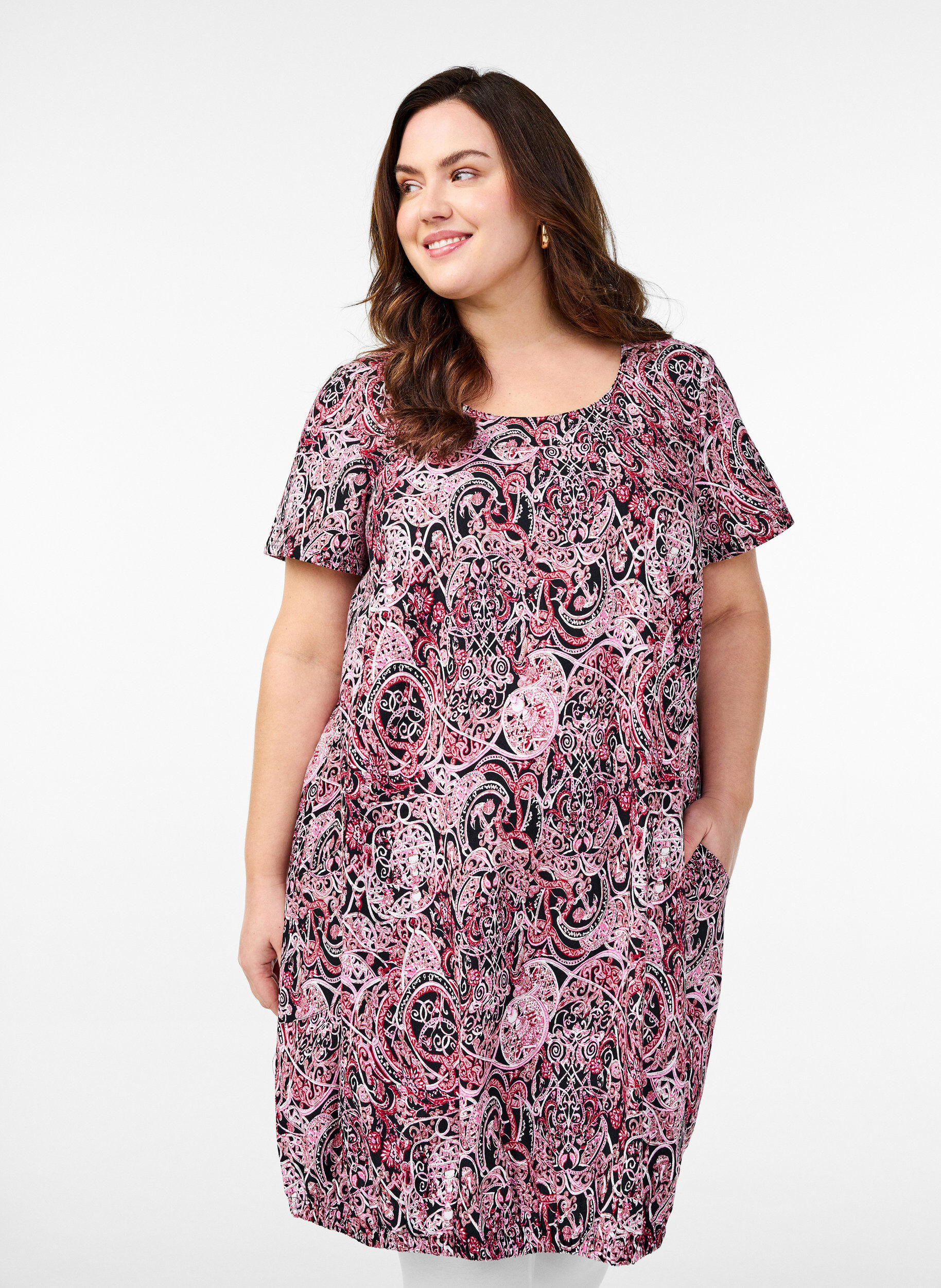 ZizziKatoenen jurk met korte mouwen en print, Zwart, Model image number 0