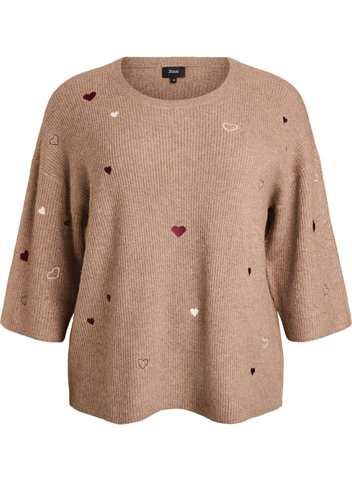 Jumper met hartjes en 3/4 mouwen, Bruin, Packshot image number 0