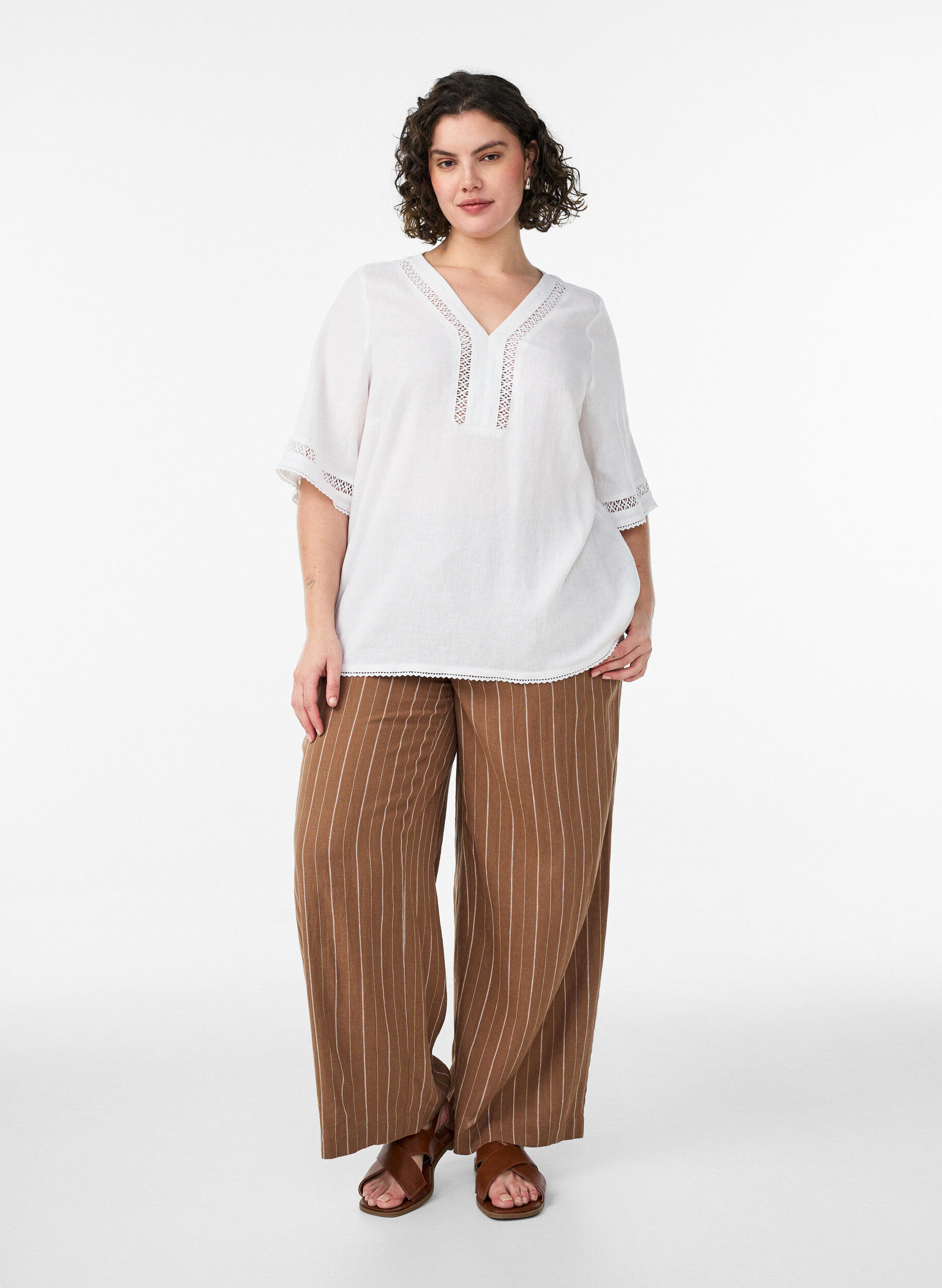 ZizziWijde linnen en viscose broek, Bruin, Model image number 0
