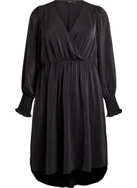 Midijurk met overslaglook en smockmouwen, Zwart Midijurk met overslaglook en smockmouwen