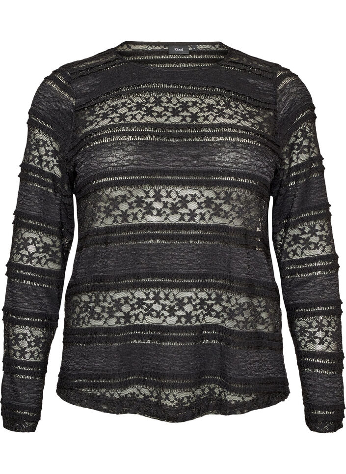Kanten blouse met lange mouwen, Zwart, Packshot image number 0
