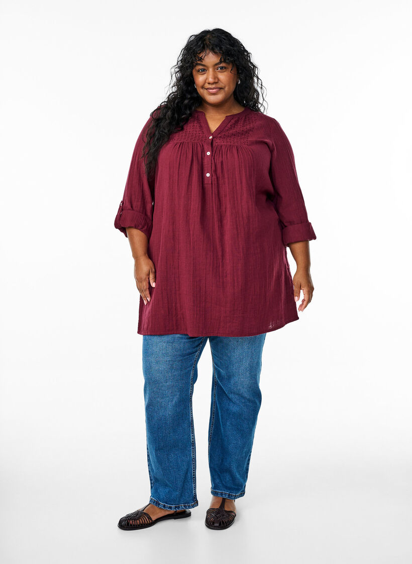 Katoenen mousseline tuniek met broderie anglaise, Donker Bordeaux, Model image number 1