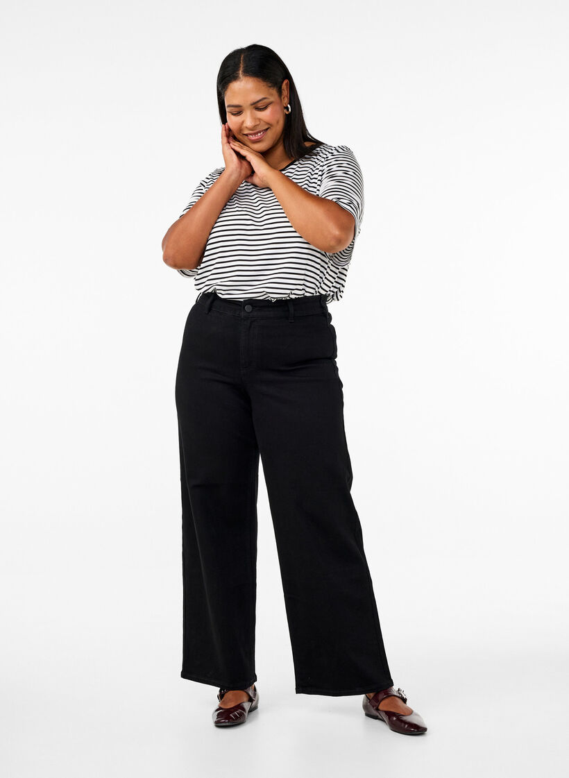 Jeans met hoge taille en wijde pijpen, Black, Model