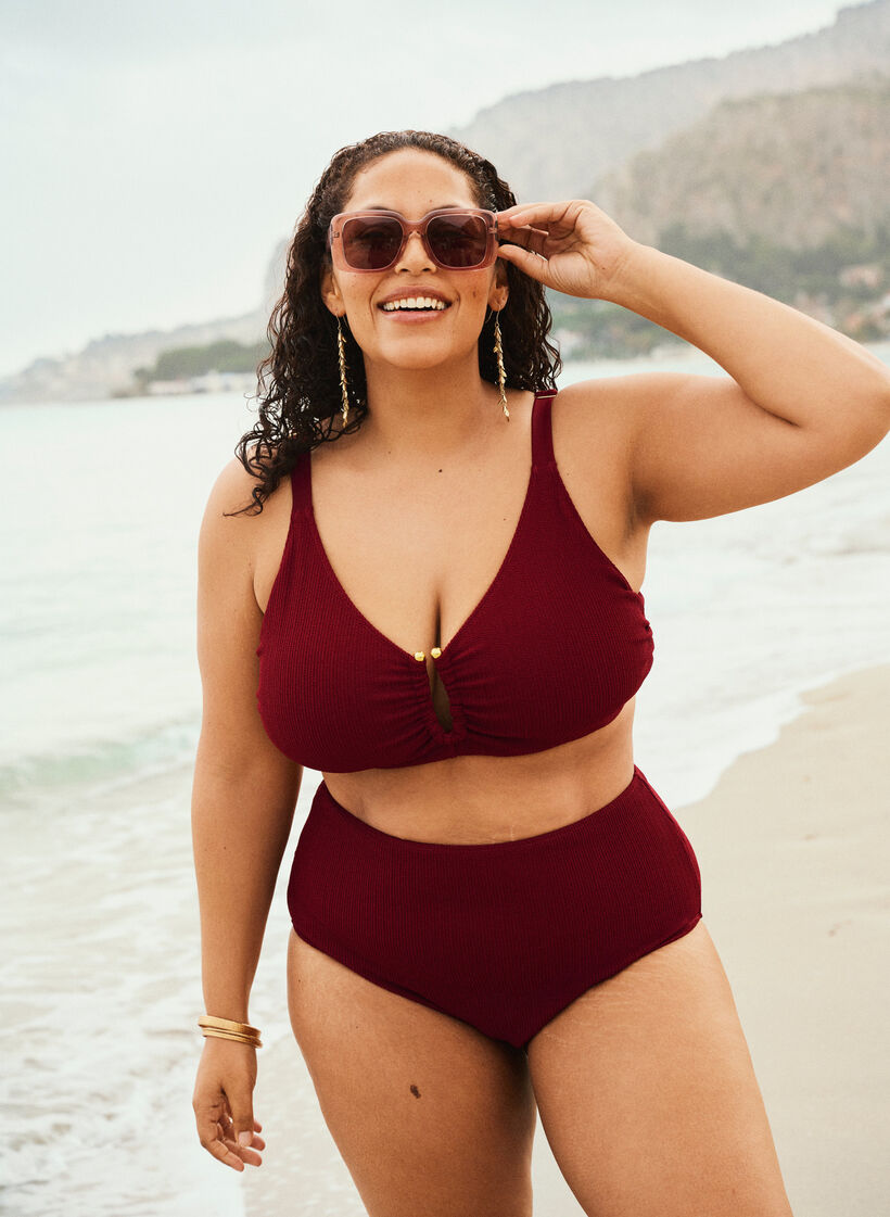 Bikinibroekje met hoge taille en textuur, Rood, Image