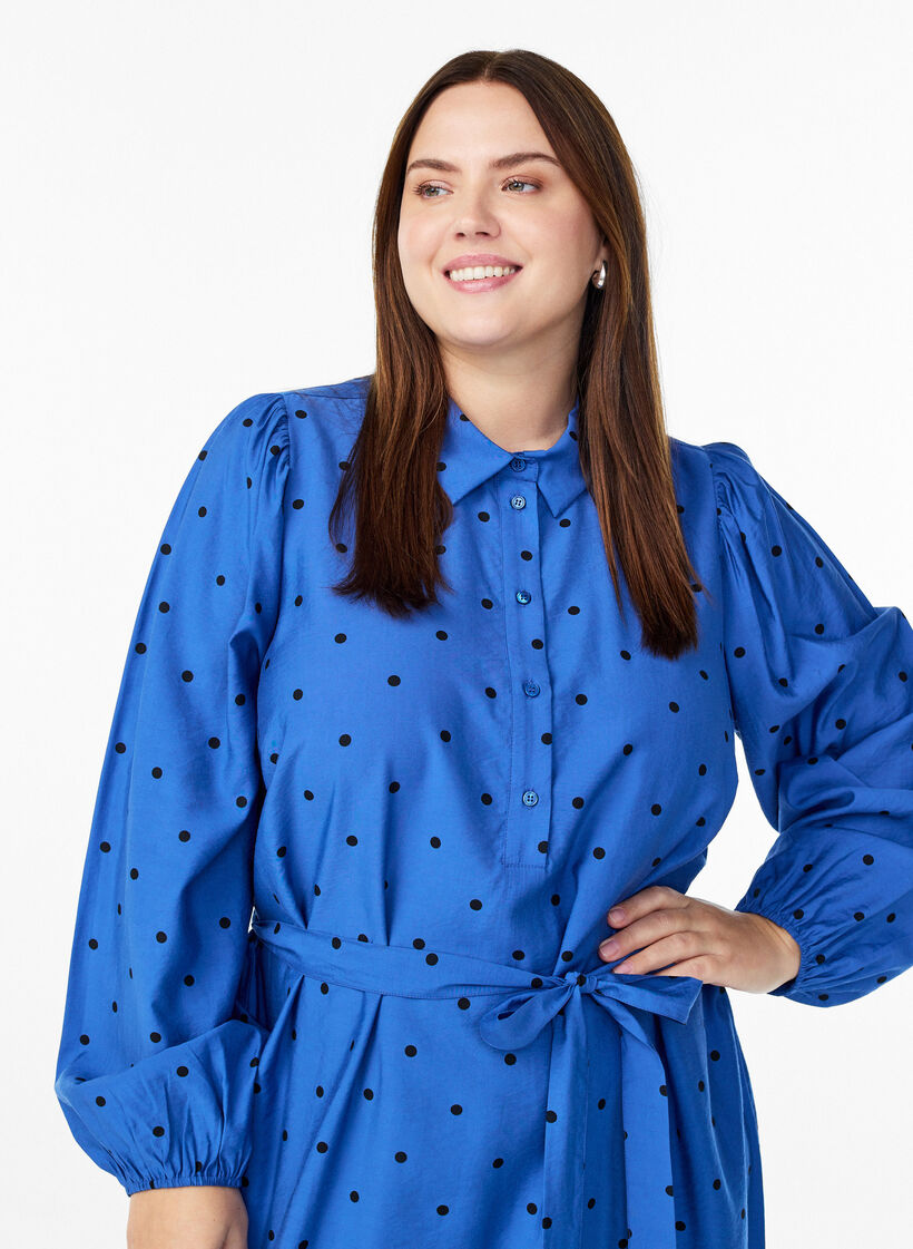 Gestippelde midi-jurk met afneembare strikceintuur, Blauw, Model image number 2