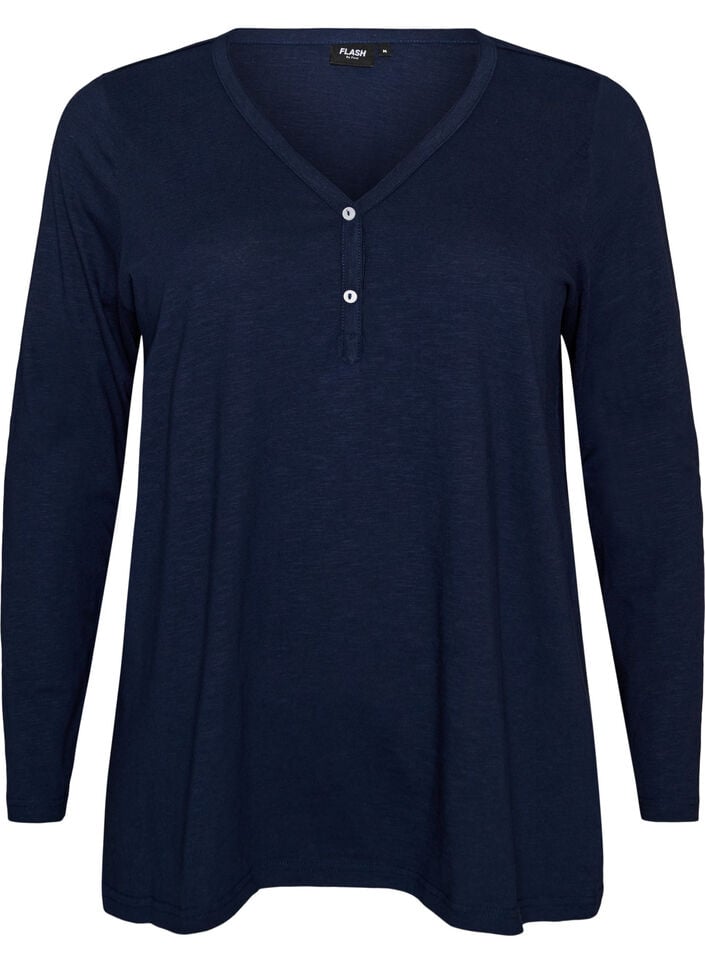 T-shirt met lange mouwen, V-hals en knopen, Blauw, Packshot image number 0