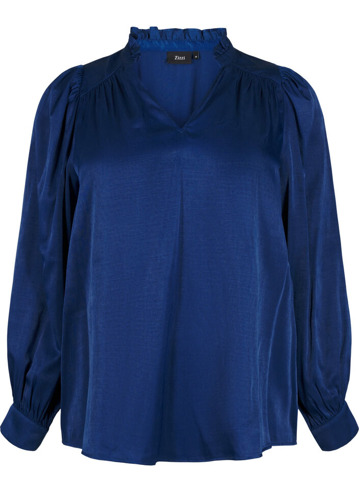 Blouse met lange mouwen, ruches en V-hals, Estate Blue, Packshot image number 0