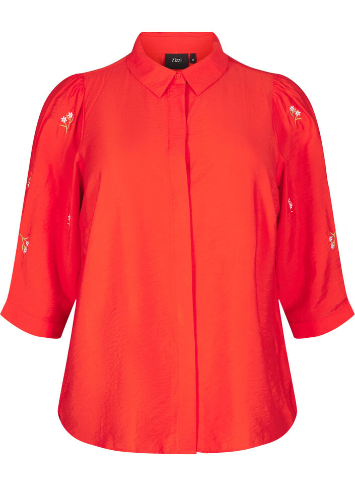 Blouse met 3/4 mouwen en bloemenborduursel, Flame Scarlet, Packshot image number 0