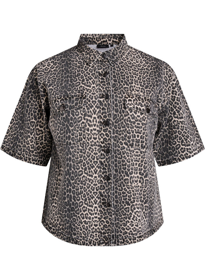Denimshirt met luipaardprint en korte mouwen, Leopard, Packshot