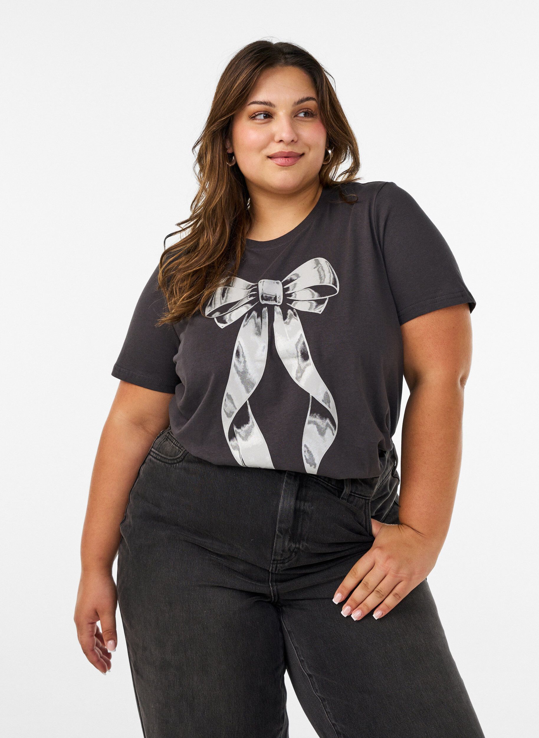 ZizziKatoenen T-shirt met print aan de voorkant, Grijs, Model image number 0