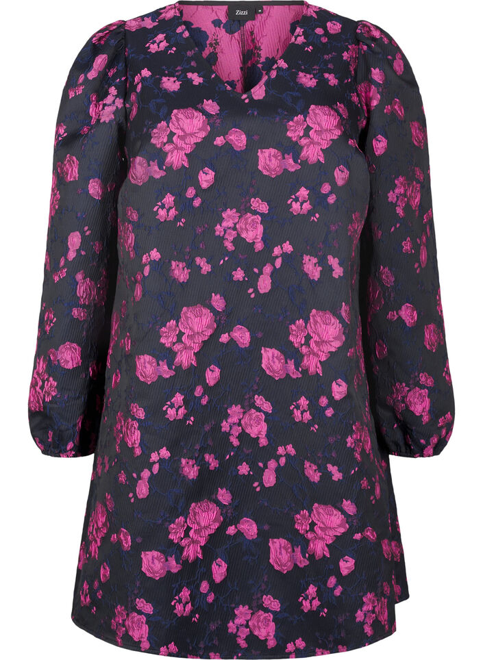 Korte jacquardjurk met lange mouwen, Black w. Red Rose, Packshot image number 0