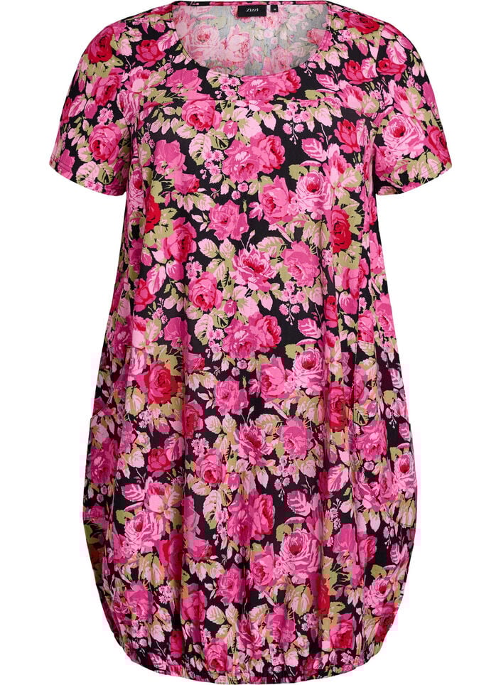 Katoenen jurk met korte mouwen en print, Zwart, Packshot image number 0