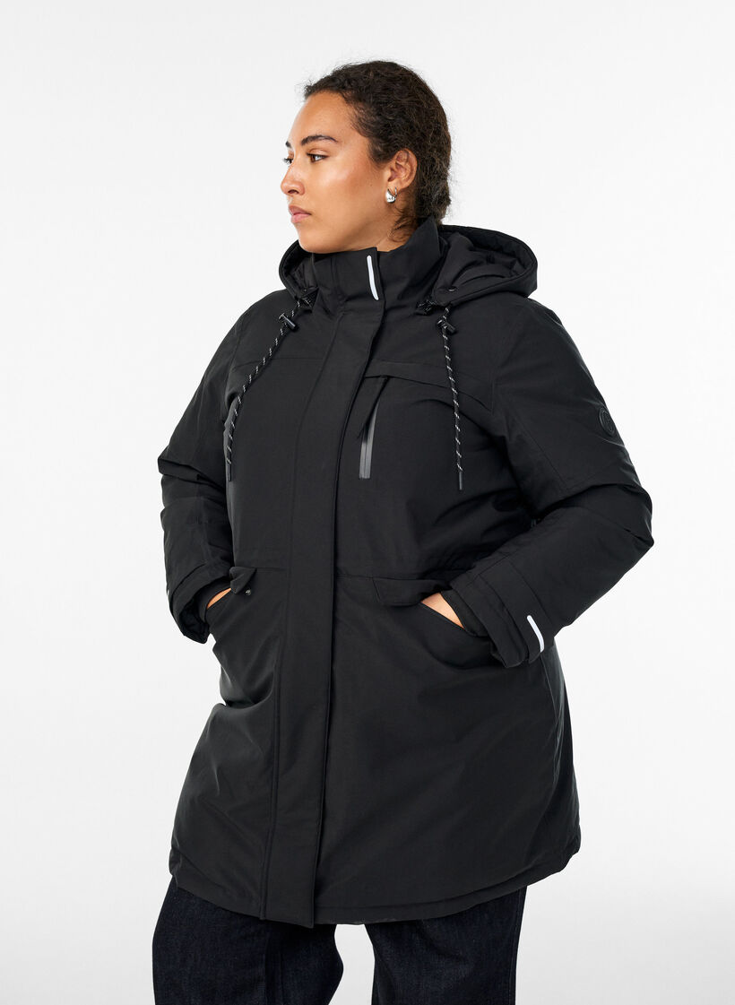 Waterafstotende parka met capuchon en functionele details, Zwart, Model image number 0