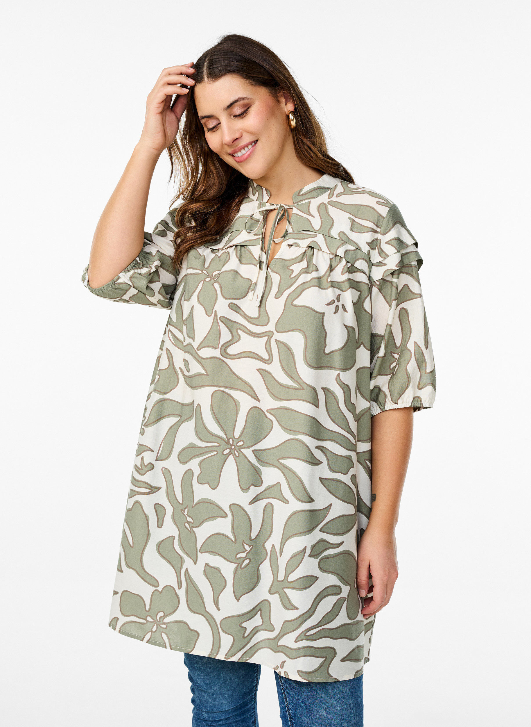 Viscose tuniek met print, Oil Green Grap. AOP, Model