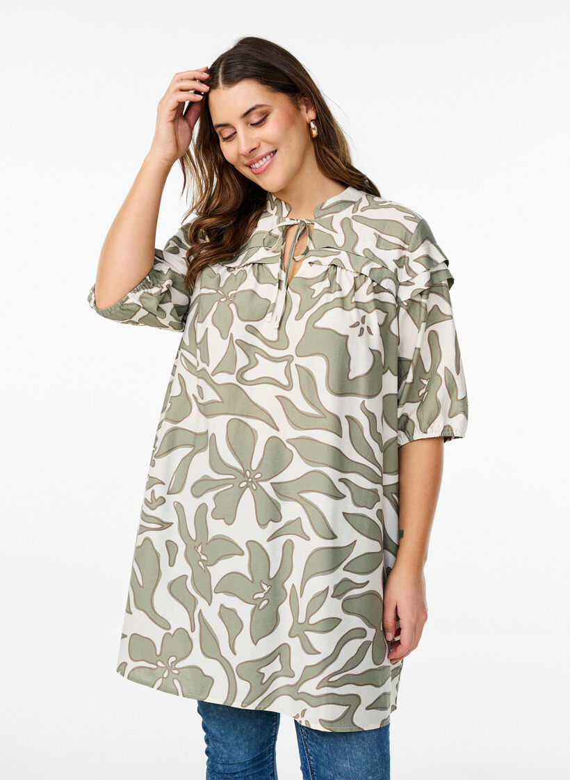 Viscose tuniek met print, Oil Green Grap. AOP, Model image number 0