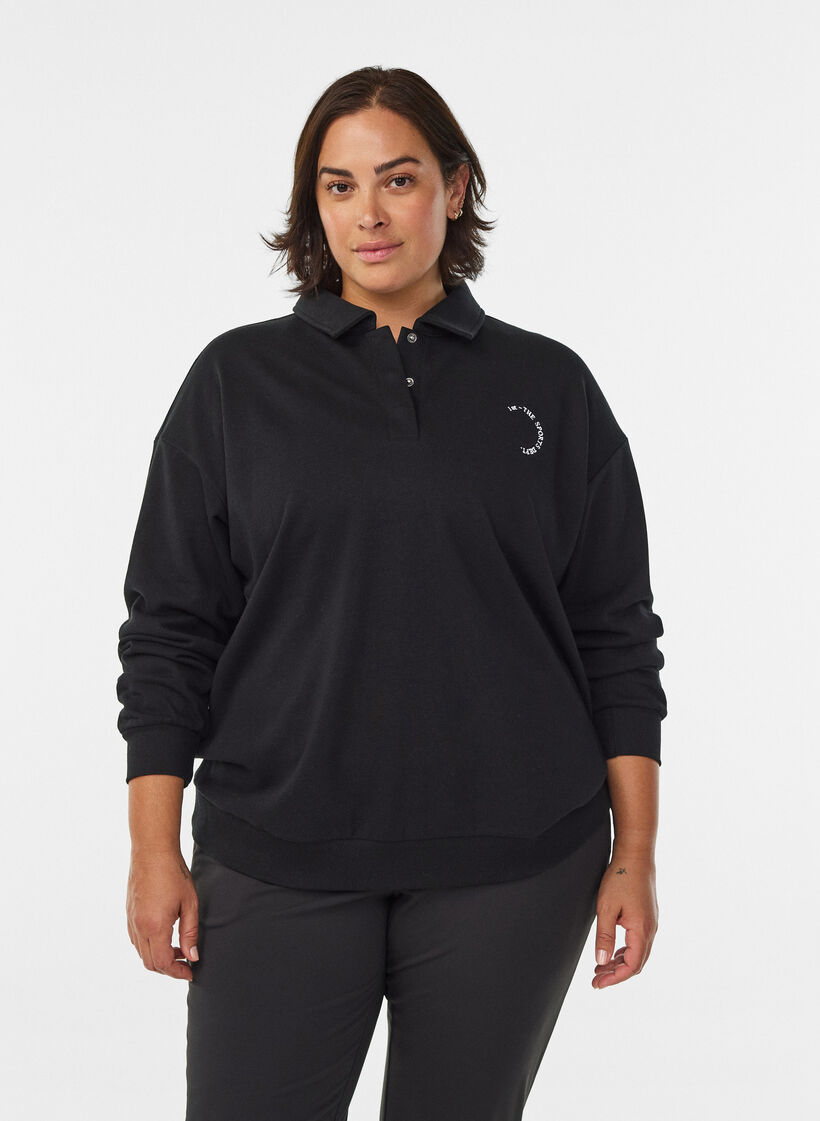 Sporty sweatshirt met kraag, Black, Model