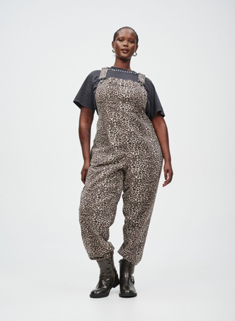 Denim tuinbroek met luipaard, , Model