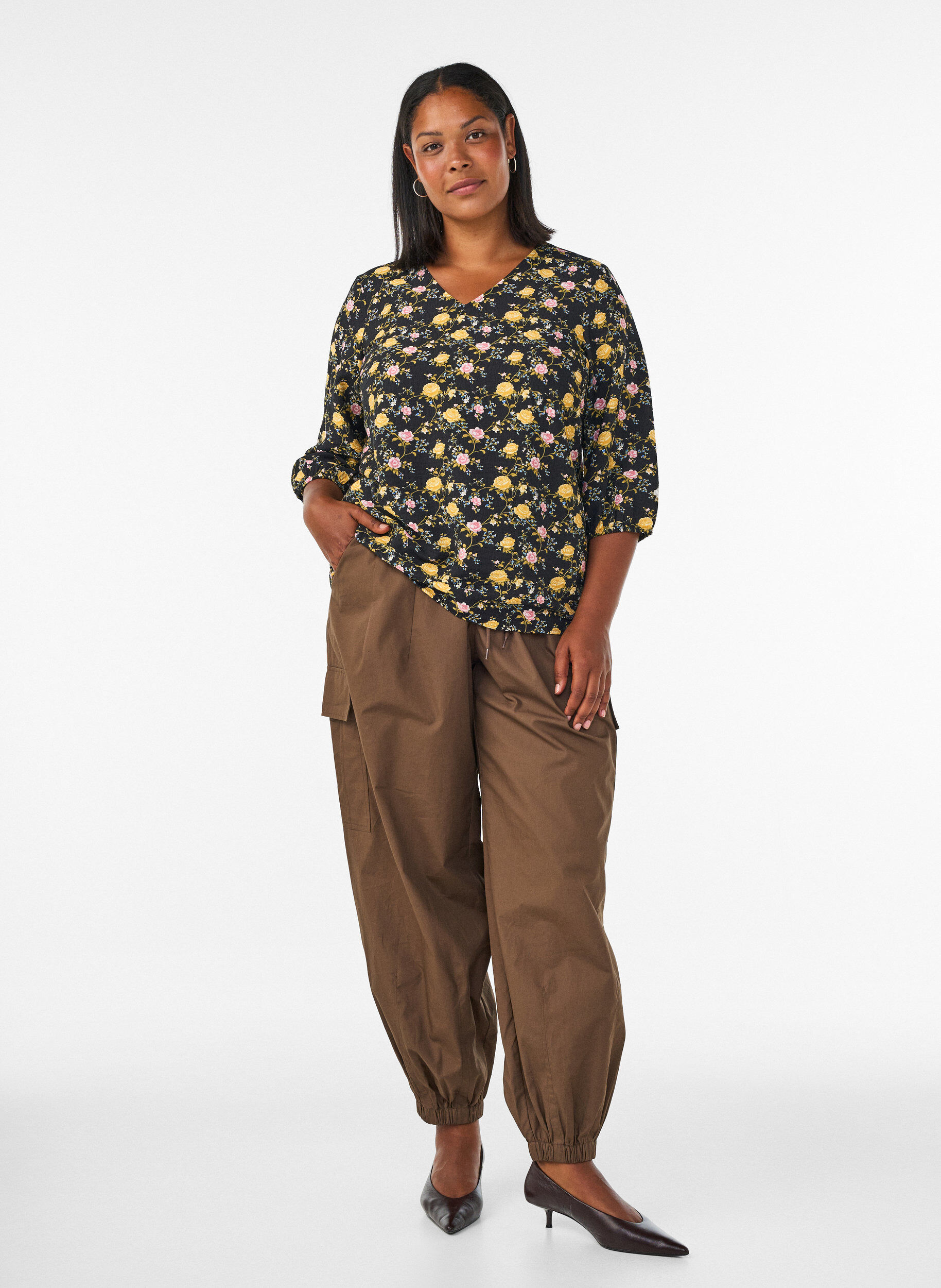 ZizziBlouse van viscose met patroon en 3/4-mouwen, Zwart, Model image number 1