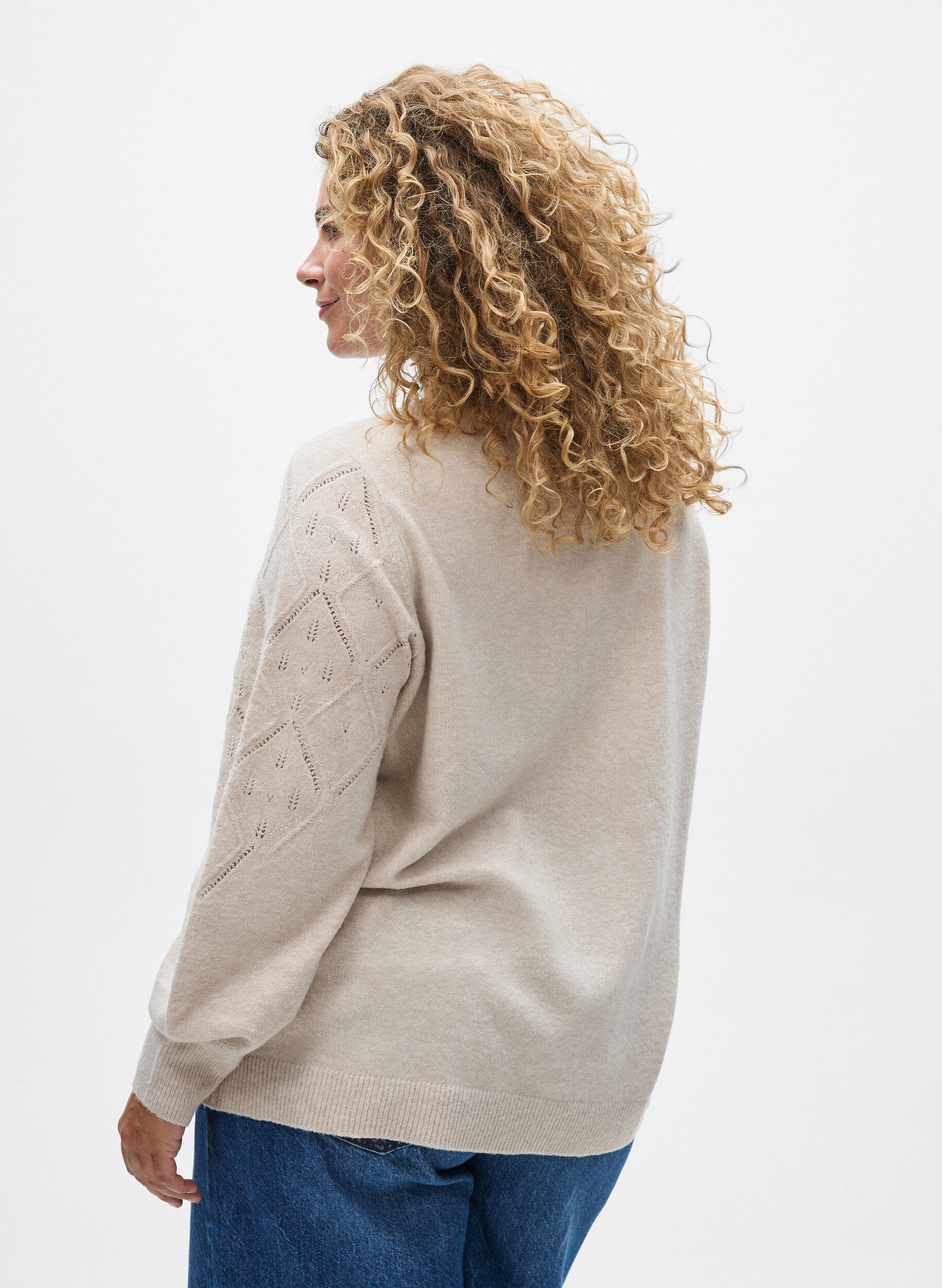 ZizziGebreide top met opengewerkt patroon en ballonnen mouwen, Beige, Model image number 2