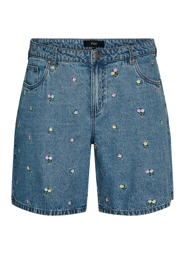 Denimshorts met geborduurde bloemen, Blauw, Packshot image number 0