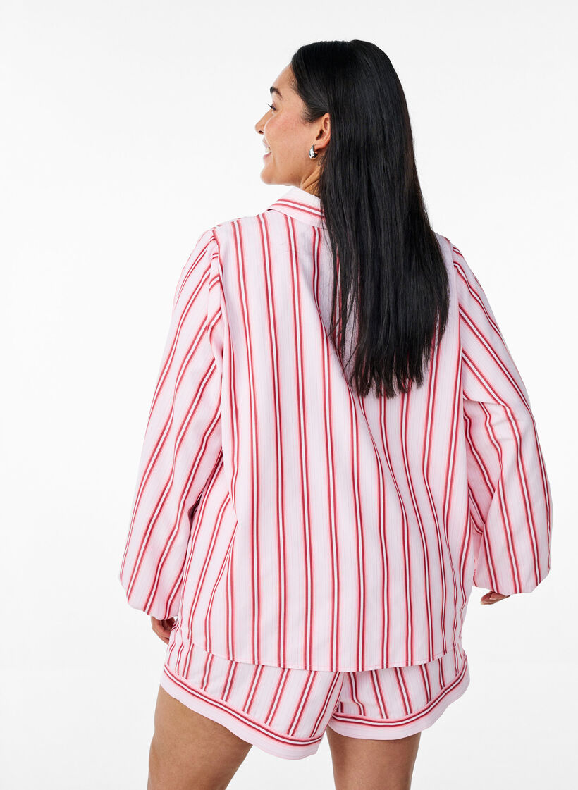 Los shirt met strepen en lange mouwen, Pink stripe, Model