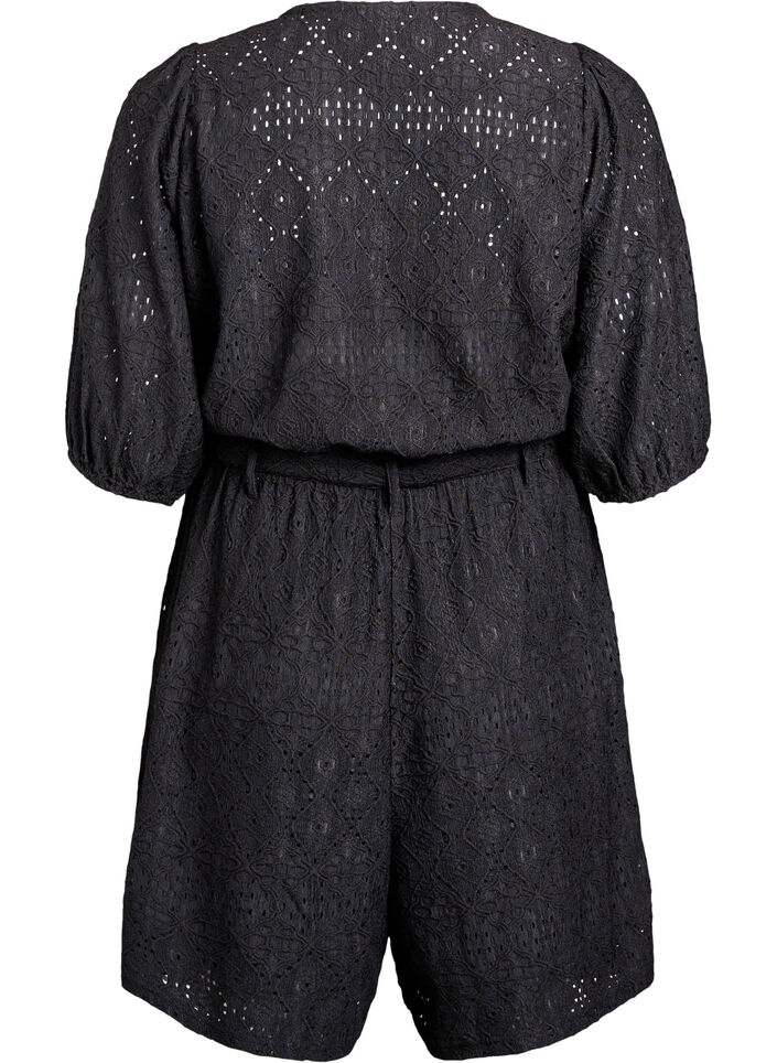 Playsuit met korte mouwen en strik, Black, Packshot