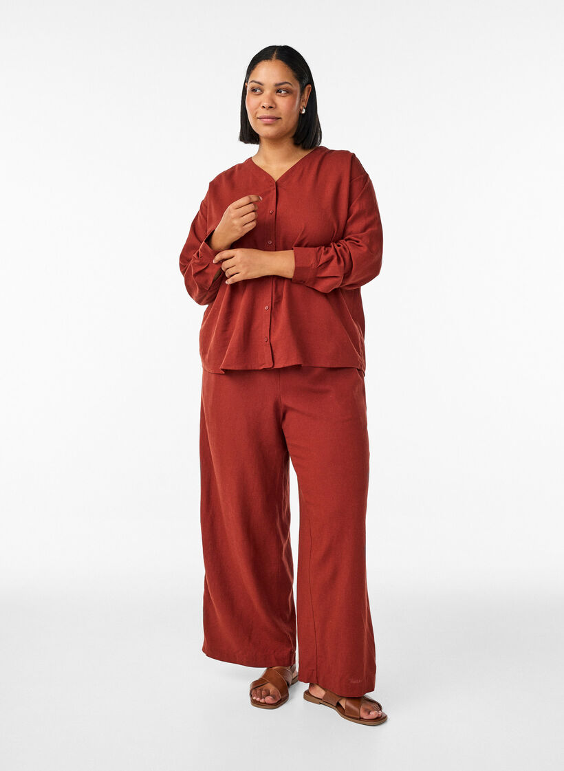 Pantalon large en lin et viscose, Bordeaux, Model image number 0
