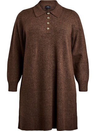 ZizziGebreide jurk met een polokraag en glanzende knopen, Rain Drum Mel., Packshot image number 0
