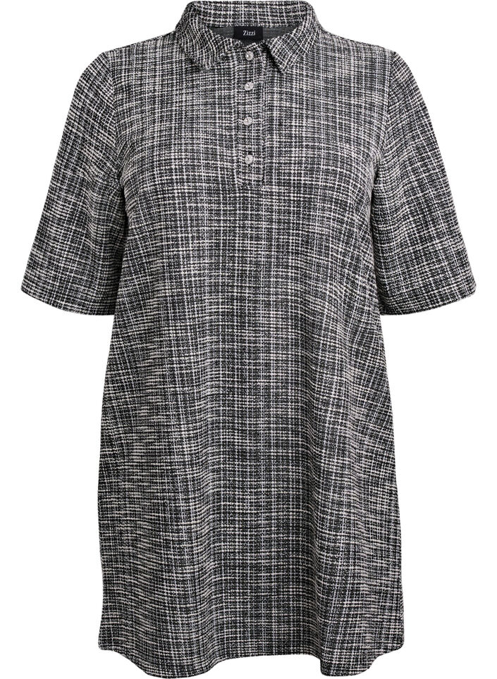 Korte jurk in gestructureerde jersey met een grafisch ruitpatroon, Vanille, Packshot image number 0