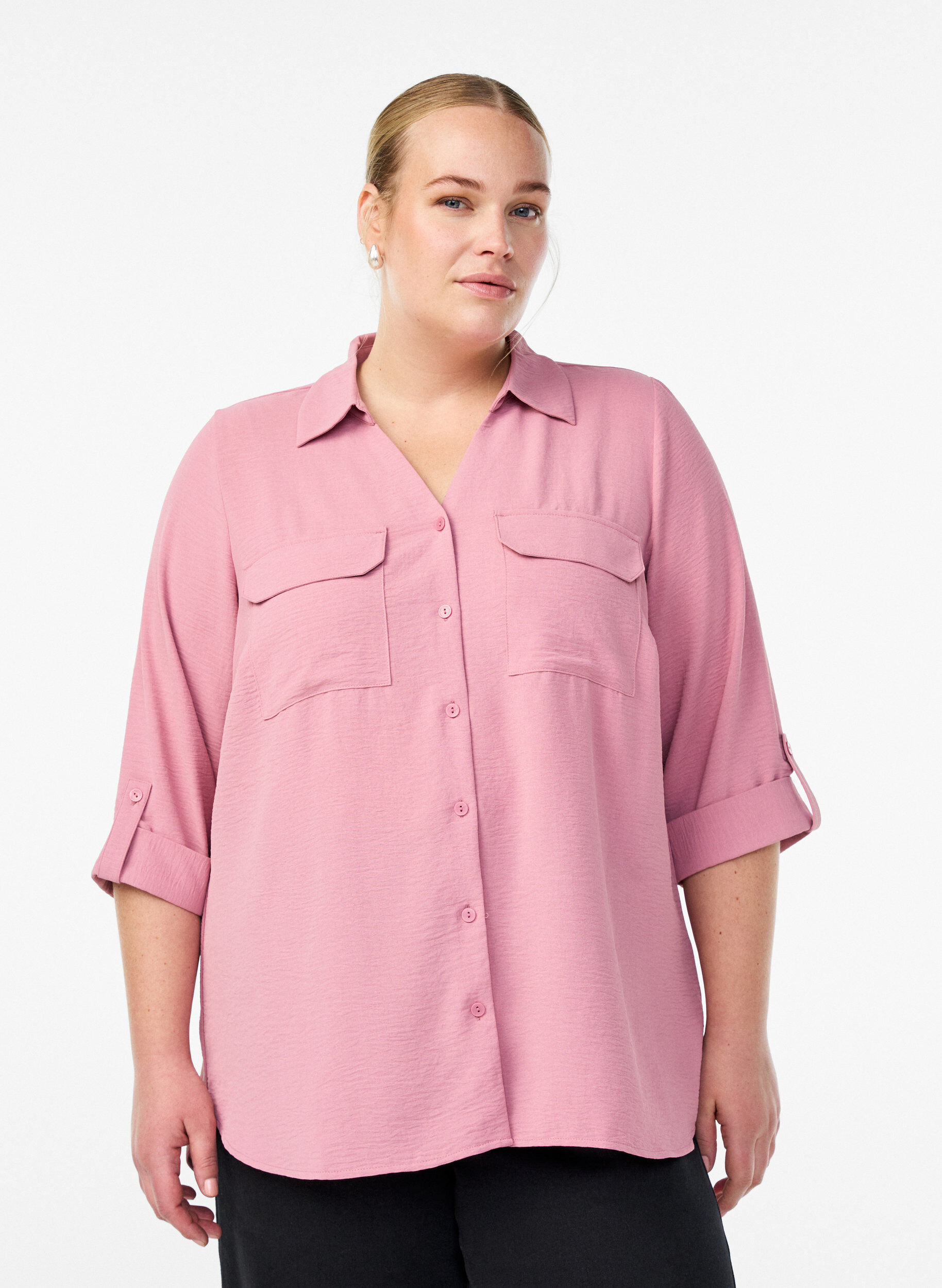 FLASH - Shirt met 3/4 mouwen en borstzakken, Roze, Model