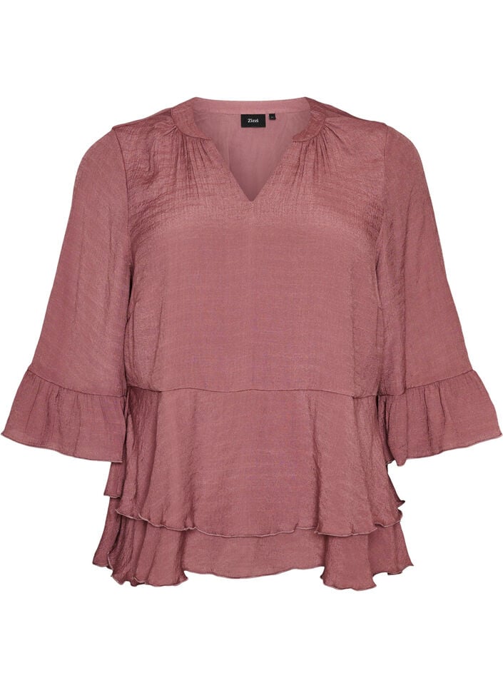 Blouse met 3/4-mouwen en ruchesdetails, Roze, Packshot image number 0