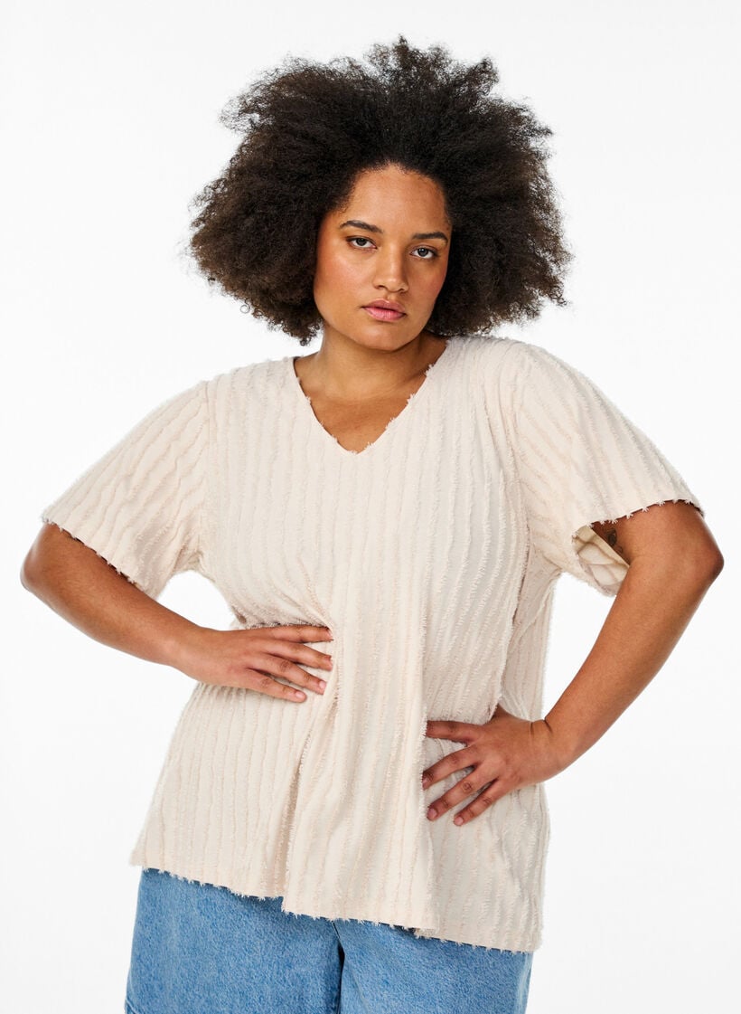 Blouse met korte mouwen en strepentextuur, Beige, Model image number 0